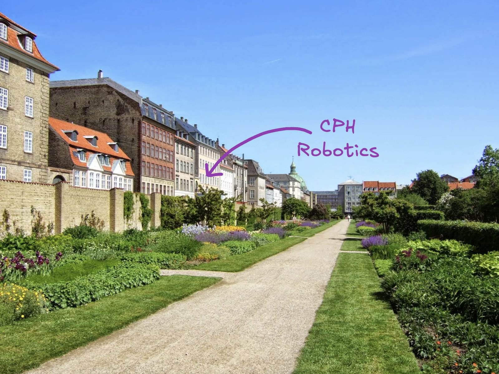 The flower borders of Kongens Have running along the garden wall on the Sølvgade side, with the street's houses rising behind the wall. A hand-drawn arrow labelled CPH Robotics points at one of the houses: the hub's building.